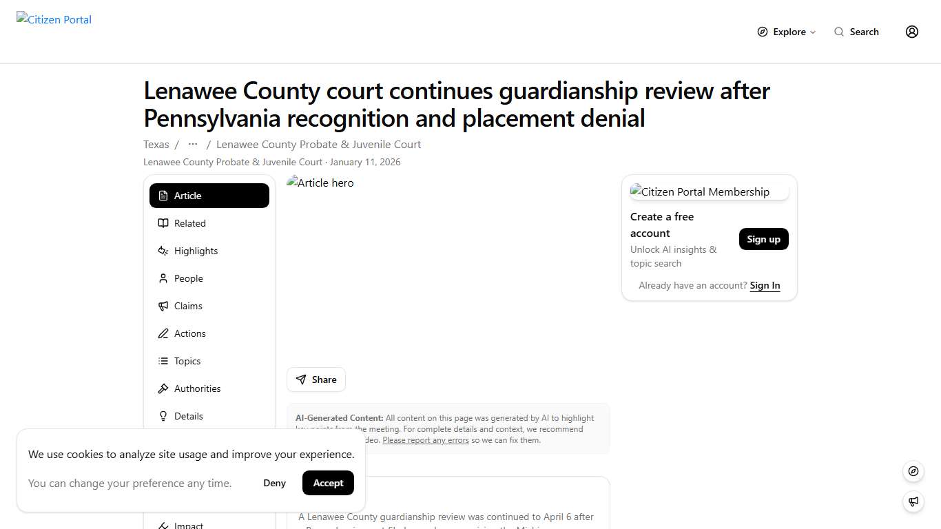 Lenawee County court continues guardianship review after Pennsylvania recognition and placement denial Citizen Portal