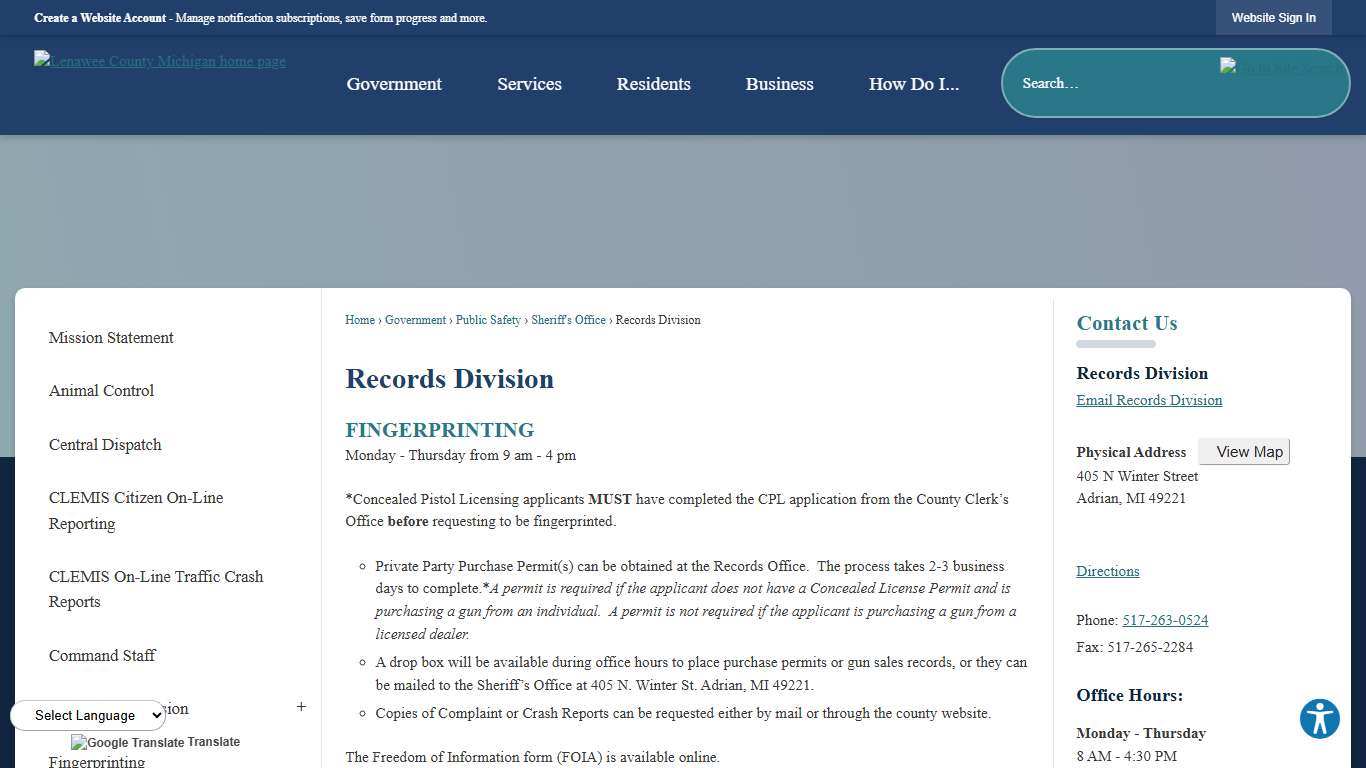 Records Division Lenawee County, MI